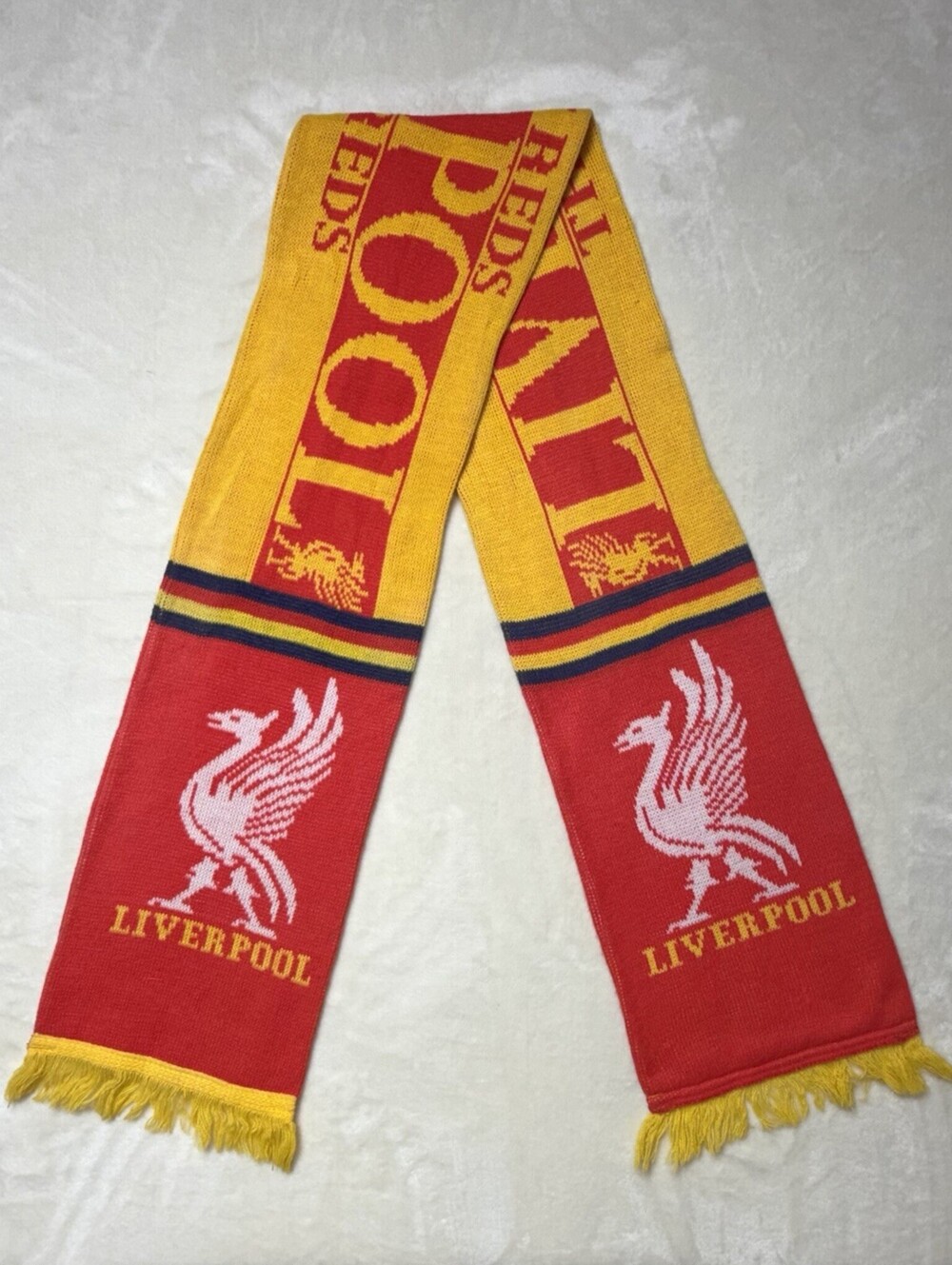 Vintage Liverpool FC Scarf Yellow Reds LIVERPOOL Crest Fringe Soccer Fan Gear